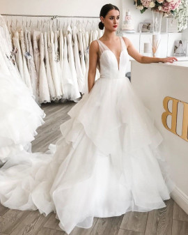  V Neck Organza Ruffles Sweep Train A Line Wedding Dress
