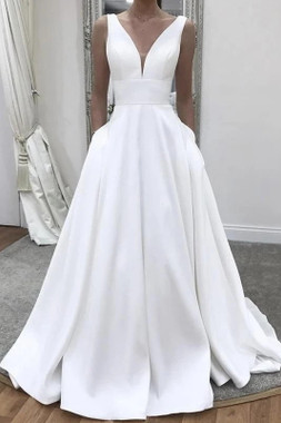 Buy 2021 Elegant Plunging Neck Satin A Line Wedding Dress With Pocket Under 149