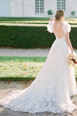 Cap Sleeve Mermaid V Neck Tulle Backless Appliques Wedding Dress