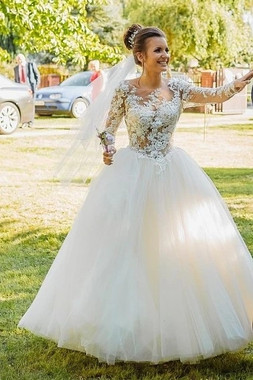 Buy Cheap 2021 Long Sleeve Scoop Tulle Lace Appliques Ball Gown Wedding Dress Under 248
