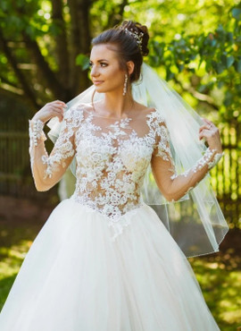Buy Cheap 2021 Long Sleeve Scoop Tulle Lace Appliques Ball Gown Wedding Dress Under 248