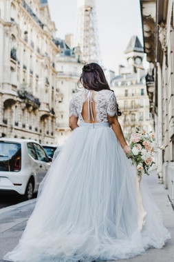 Shop 2021 Short Sleeve Lace Top Backless Tulle Appliques A Line Wedding Dress Under 198