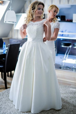 Shop 2021 A Line Round Neck Lace Top Satin Wedding Dress Under 168