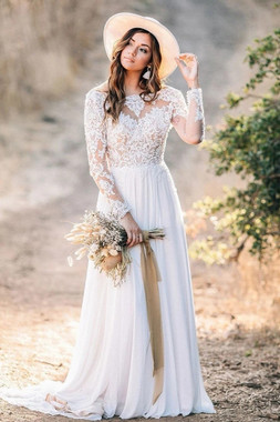 Shop 2021 Long Sleeve See Through Neck Lace Top Chiffon Wedding Dress Under 169