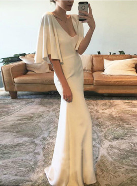 Buy Cheap 2021 Cap Sleeve Sheath Column V Neck Floor Length Satin Wedding Dress Under 119