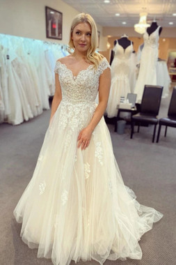 Shop 2021 V Neck A Line Tulle Appliques Sweep Train Wedding Dress Under 225