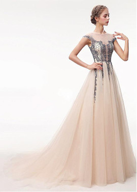 Tulle Jewel Neckline See Through Beadings Prom Dress