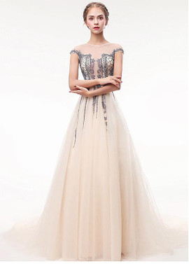 Tulle Jewel Neckline See Through Beadings Prom Dress