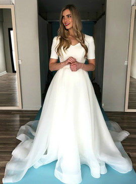 buy Annakoo Organza Satin Short Sleeve A-Line White Wedding Dress Under 148