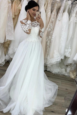 Shop 2021 Long Sleeve Sheer Neck Sweep Train Zipper Back Wedding Dress Under 188