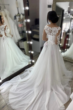 Shop 2021 Long Sleeve Sheer Neck Sweep Train Zipper Back Wedding Dress Under 188