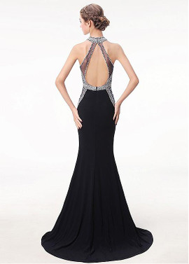 Halter Beadings  Black Mermaid Evening Dress