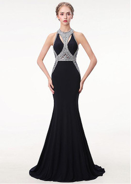 Halter Beadings  Black Mermaid Evening Dress