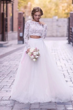 Buy 2021 Long Sleeves Lace Top Scoop Two Piece Tulle Wedding Dress Under 168