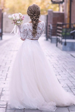 Long Sleeves Lace Top Scoop Two Piece Tulle Wedding Dress