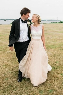 Buy 2021 Two Piece Champagne See Through Scoop Sleeveless Wedding Dress Under 159