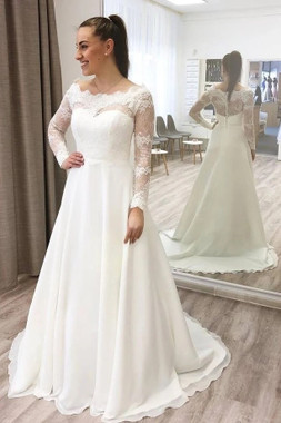 Buy 2021 Off The Shoulder Satin Lace Long Sleeve A Line Sheer Back Wedding Dress Under 195