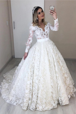 Get A Line Long Sleeve Lace V Neck Sheer Back Wedding Dress Under 288