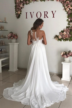 Shop Unique Sheer Neck See Through Appliques Beading Chiffon Wedding Dress For 2021