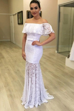 Buy 2021  Off The Shoulder Lace Tulle Sheath Column See Through Wedding Dress Under 248