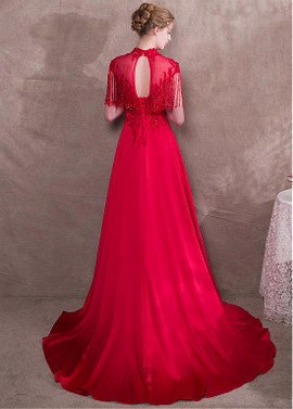 Red Satin Illusion High Long Evening Dress With Beadings