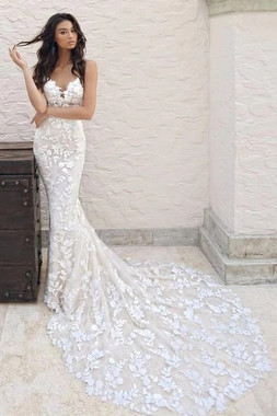 Shop 2021 V Neck Trumpet Mermaid Tulle Lace Appliques Backless Sweep Train Wedding Dress Under 298