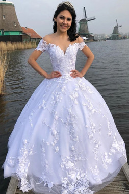 Buy 2021 Off The Shoulder Ball Gown Tulle Appliques Sweep Train Wedding Dress Under 298