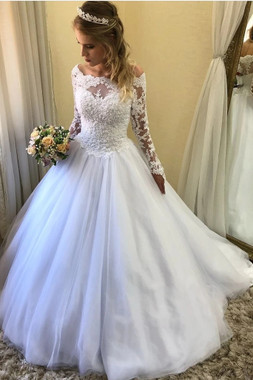 Buy Cheap 2021 Long Sleeve Off The Shoulder A Line Tulle Wedding Dress Under 248