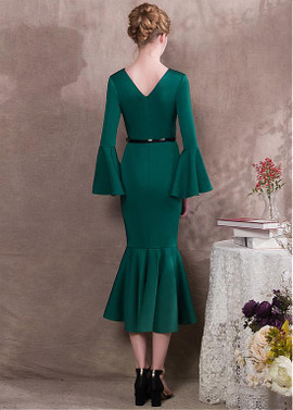 Green Satin V-neck  Hi-lo Mermaid Formal Dress With Belt