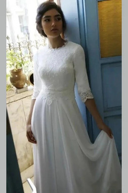 Shop 2021 Half Sleeve Scoop Chiffon A Line Vintage Appliques Wedding Dress Under 148