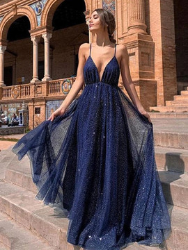 Buy 2021 Navy Blue Tulle V Neck Sequin Spark A Line Prom Dress Under 139
