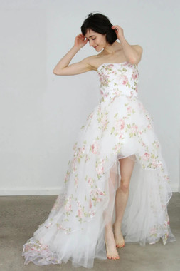High Low Tulle White Floral Strapless Embroidery Prom Dress