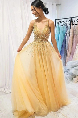 Shop 2021 Yellow V Neck Sparkle Tulle Long Beading Sexy Prom Dress Under 188