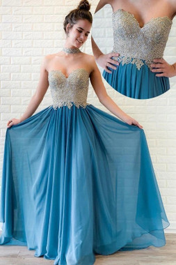 Shop 2021 Chiffon Sweetheart Champagne Blue A Line Appliques Prom Dress Under 165