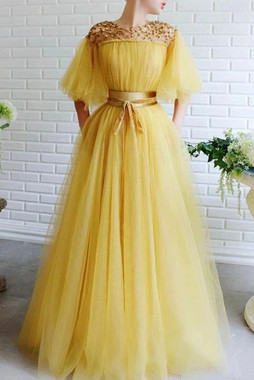 Buy 2021 Yellow Tulle Cap Sleeves Scoop Beading A Line Prom Dress With Belt Under 168