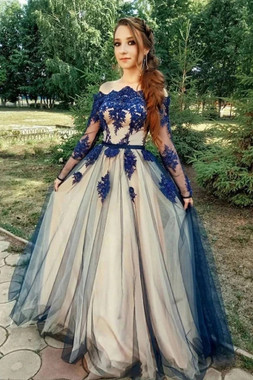 Shop 2021 Off The Shoulder Long Sleeve Tulle Appliques Blue Champagne Prom Dress Under 148