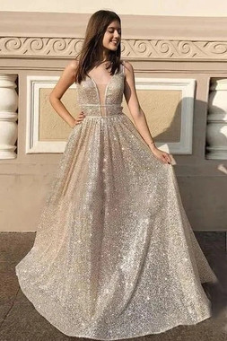Shop 2021 Gold Sequin V Neck Tulle A Line Backless Prom Dress Under 148