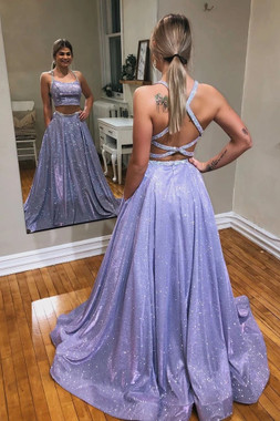 Sequin Halter Blue Cross Back A Line Two Piece Prom Dress