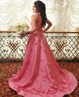 Shop Unique Annakoo Halter Sleeveless Satin Flowers Pink A Line Prom Dress Under 148