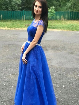 Shop 2021 Blue Scoop See Through Short Sleeves Pleats Beading Prom Dress With Slit Under 148
