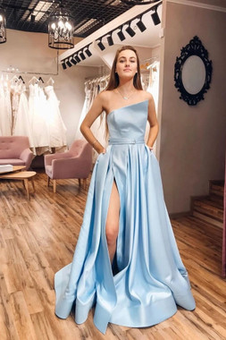 Shop 2021 Annakoo One Shoulder Sky Blue Satin Floor Length Prom Dress With Slit Under 119