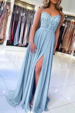 Shop 2021 Spaghetti Straps Appliques Sky Blue Chiffon Floor Length Prom Dress Under 119