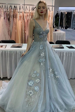 Shop 2021 Silver Tulle V Neck 3D Flower Appliques Floor Length Prom Dress Under 178