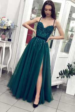 Shop 2021 Dark Green Spaghetti Straps Tulle Appliques Belt Prom Dress Under 148