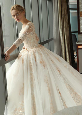 Scoop 3D Flowers Ball Gown Wedding Dress With Lace Appliques
