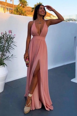 Buy 2021 Spaghetti Straps Chiffon Pink Sexy A Line Prom Dress With Slit Under 98