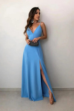 Shop 2021 Spaghetti Straps Blue Spandex Floor Length Prom Dress With Slit Under 94