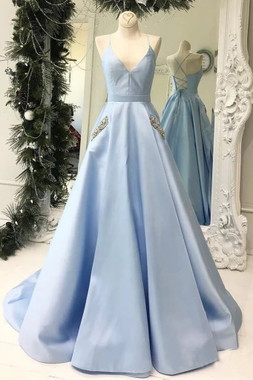 Shop Annakoo Spaghetti Straps Sky Blue Satin A Line Beading Pockets Prom Dress Under 149