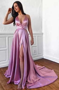 Shop 2021 Sexy V Neck Pink Satin A Line Prom Dress With Slit Under 95