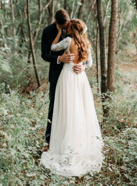 Shop ANNAKOO 2021 Long Sleeve V Neck Tulle Backless Appliques A Line Wedding Dress Under 138